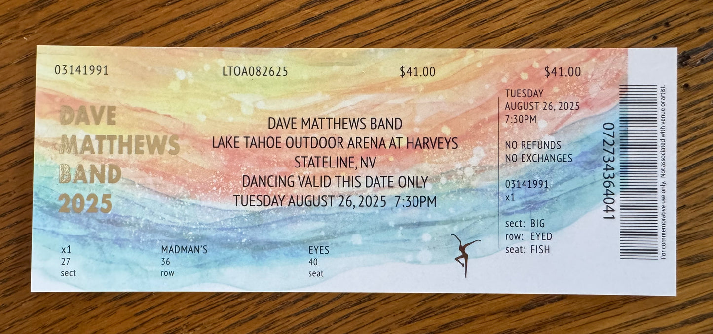 Commemorative Ticket Lake Tahoe 8.26.25 | Physical Concert Ticket Souvenir Keepsake Gift