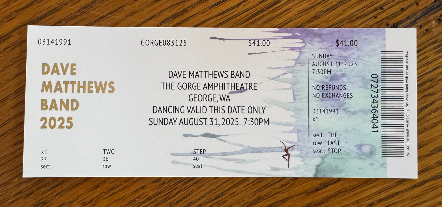 Commemorative Tickets Gorge 8.29.25, 8.30.25 + 8.31.25 | Physical Concert Ticket Souvenir Keepsake Gift