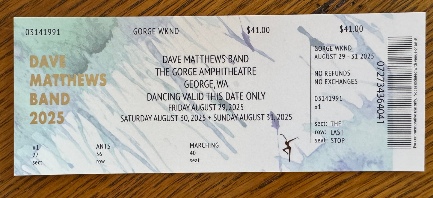 Commemorative Tickets Gorge 8.29.25, 8.30.25 + 8.31.25 | Physical Concert Ticket Souvenir Keepsake Gift