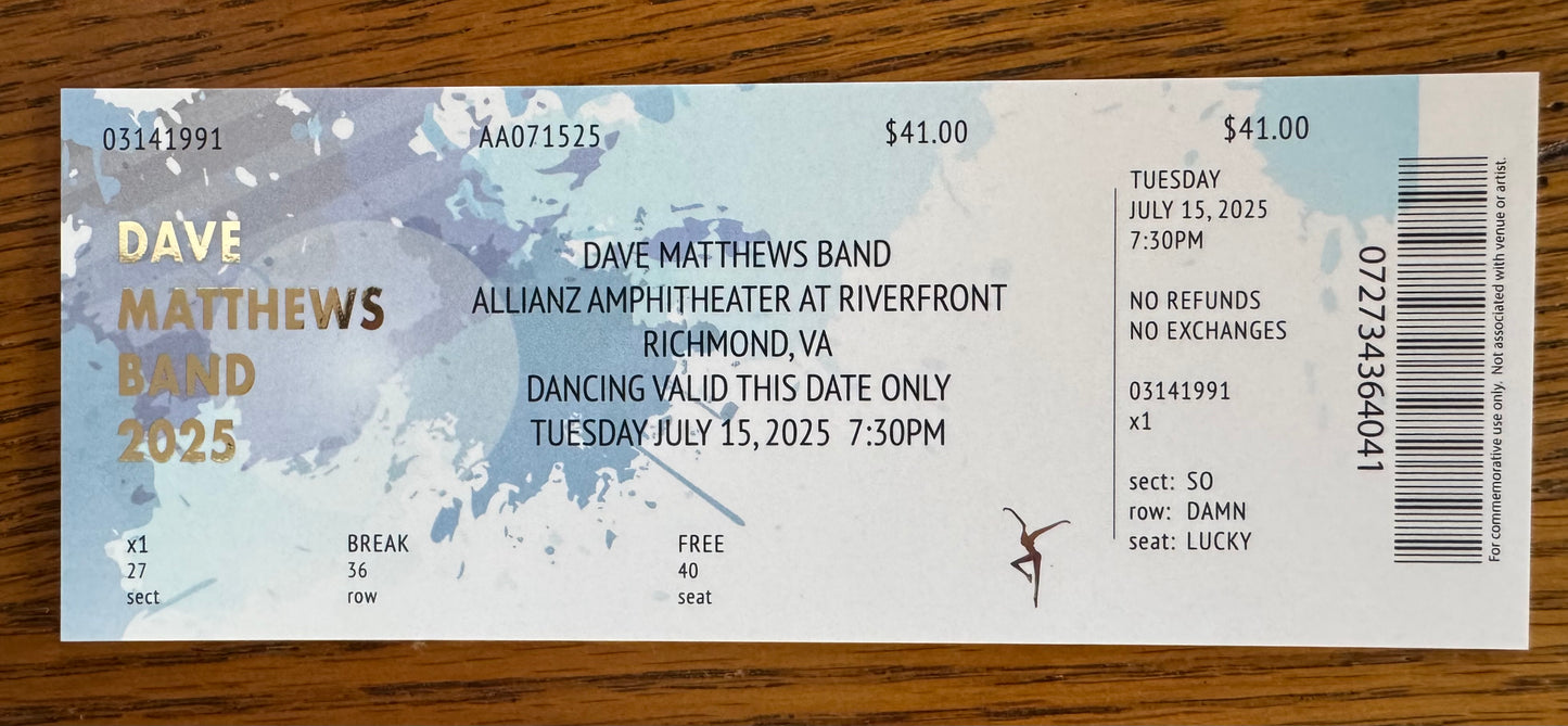 Commemorative Tickets Richmond 7.15.25 + 7.16.25 | Physical Concert Ticket Souvenir Keepsake Gift