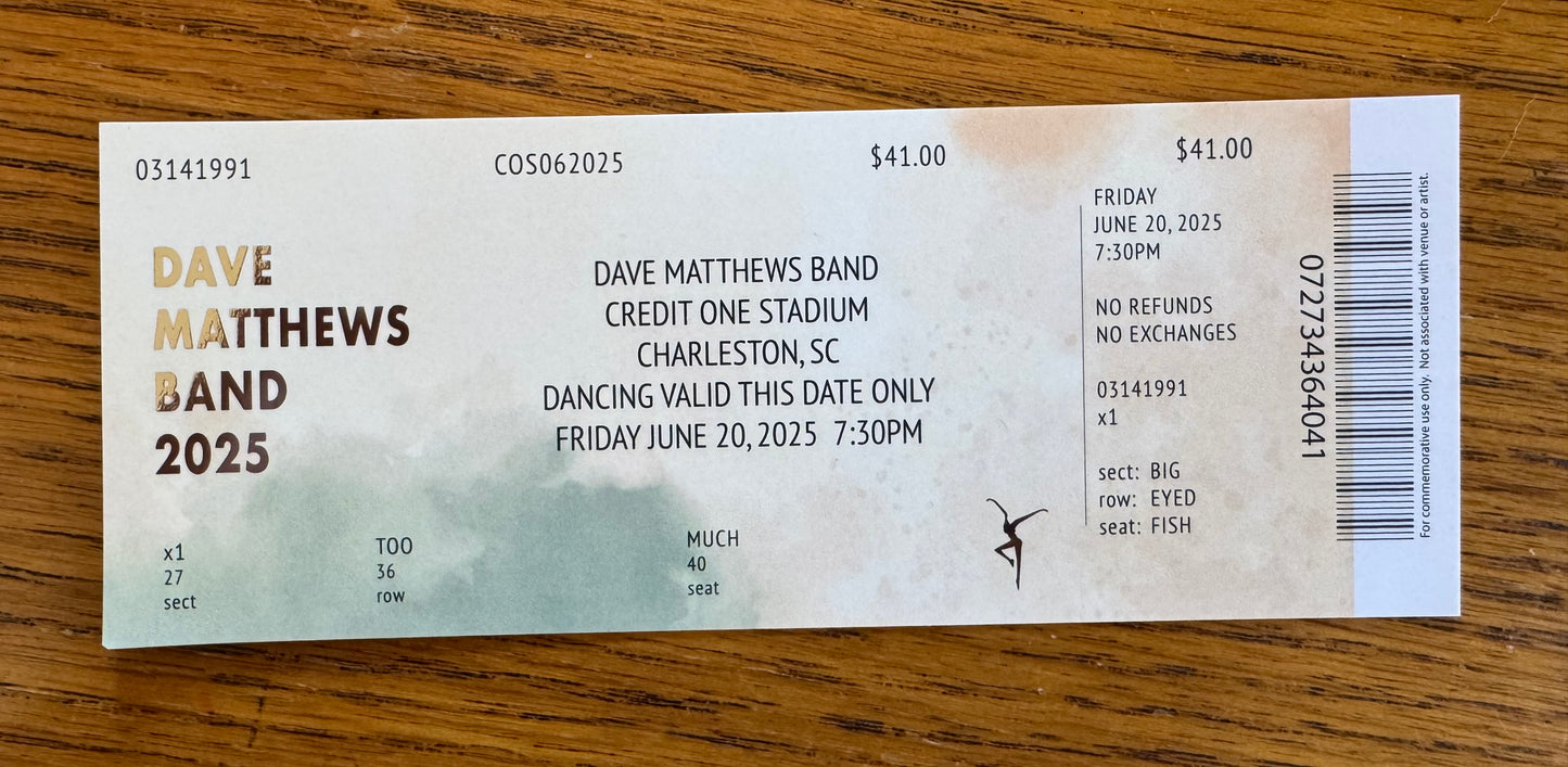 Commemorative Tickets Charleston 6.20.25 + 6.21.25 | Physical Concert Ticket Souvenir Keepsake Gift
