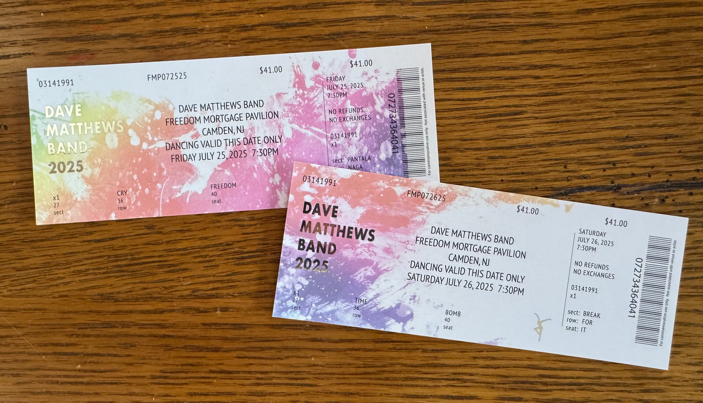 Commemorative Tickets Camden 7.25.25 + 7.26.25 | Physical Concert Ticket Souvenir Keepsake Gift