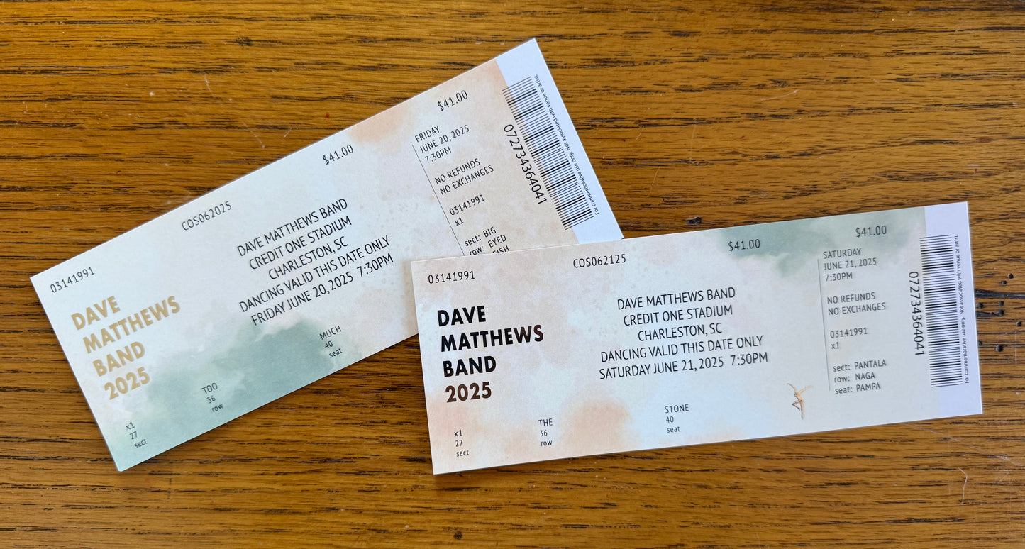 Commemorative Tickets Charleston 6.20.25 + 6.21.25 | Physical Concert Ticket Souvenir Keepsake Gift
