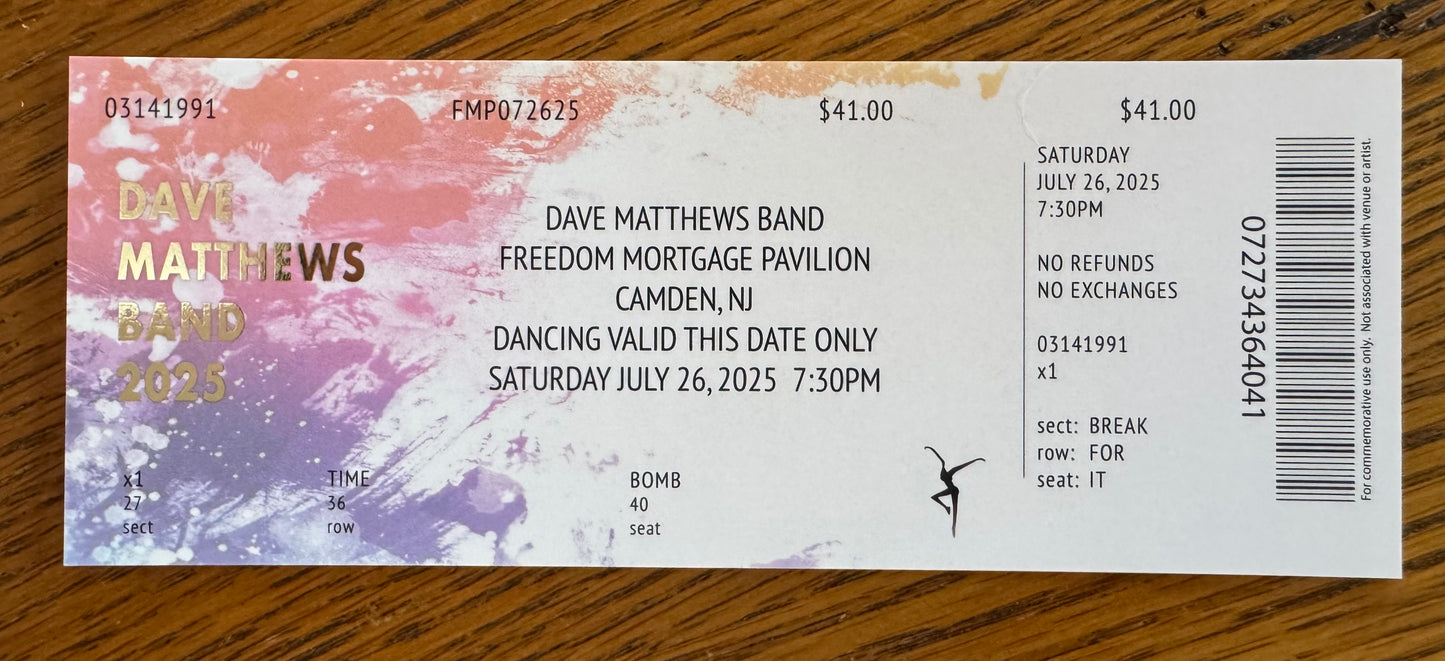 Commemorative Tickets Camden 7.25.25 + 7.26.25 | Physical Concert Ticket Souvenir Keepsake Gift