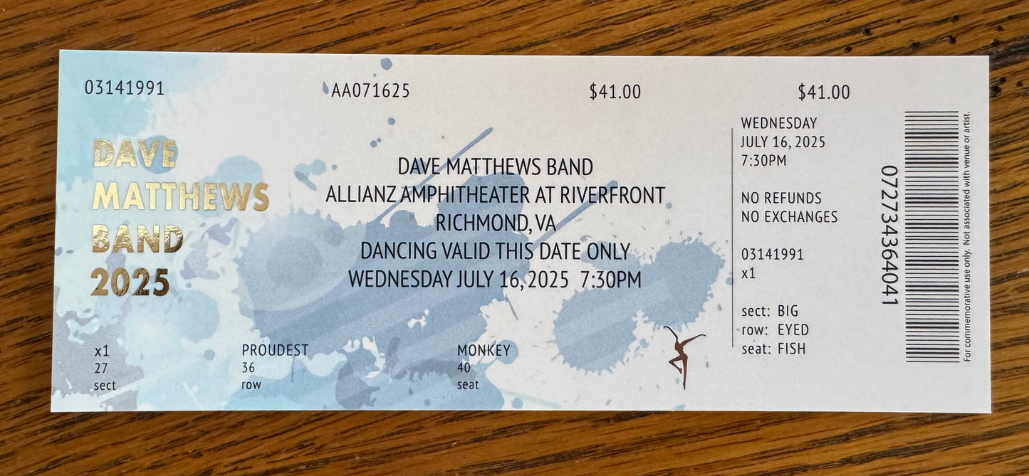 Commemorative Tickets Richmond 7.15.25 + 7.16.25 | Physical Concert Ticket Souvenir Keepsake Gift