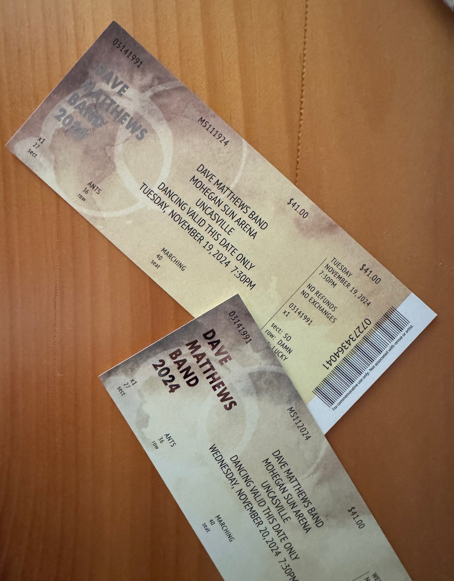 Commemorative Ticket Mohegan 11.19.24 + 11.20.24 Fall Tour 2024 | Physical Concert Ticket Souvenir Keepsake Gift