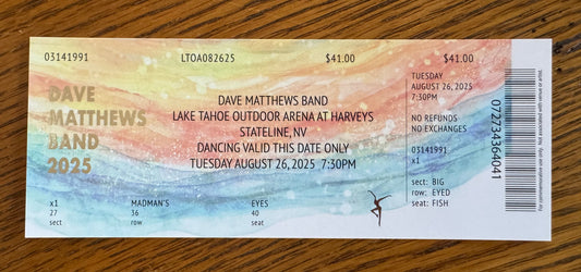 Commemorative Ticket Lake Tahoe 8.26.25 | Physical Concert Ticket Souvenir Keepsake Gift