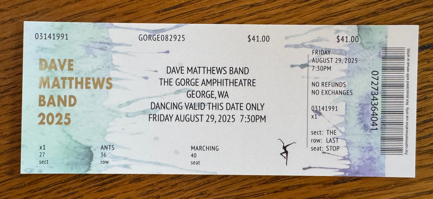 Commemorative Tickets Gorge 8.29.25, 8.30.25 + 8.31.25 | Physical Concert Ticket Souvenir Keepsake Gift