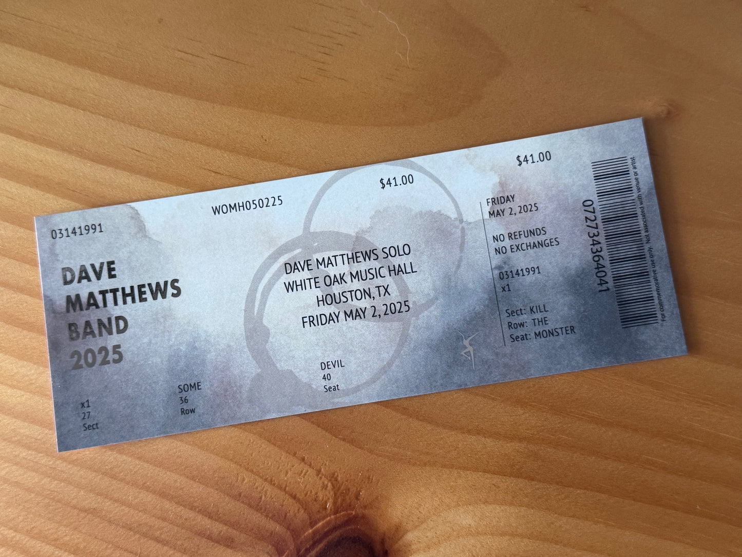 Commemorative Ticket Houston 5.2.25 | Physical Concert Ticket Souvenir Keepsake Gift