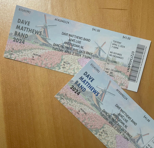 Dave Matthews Band Commemorative Ticket Amsterdam 4.2.24 Europe Tour 2024